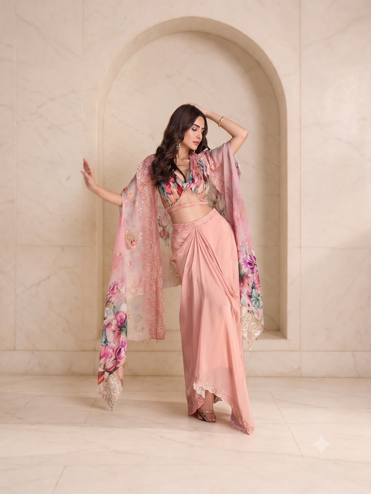 Dreamy Peach Floral Cape, Blouse and Draped Skirt Wedding Set
