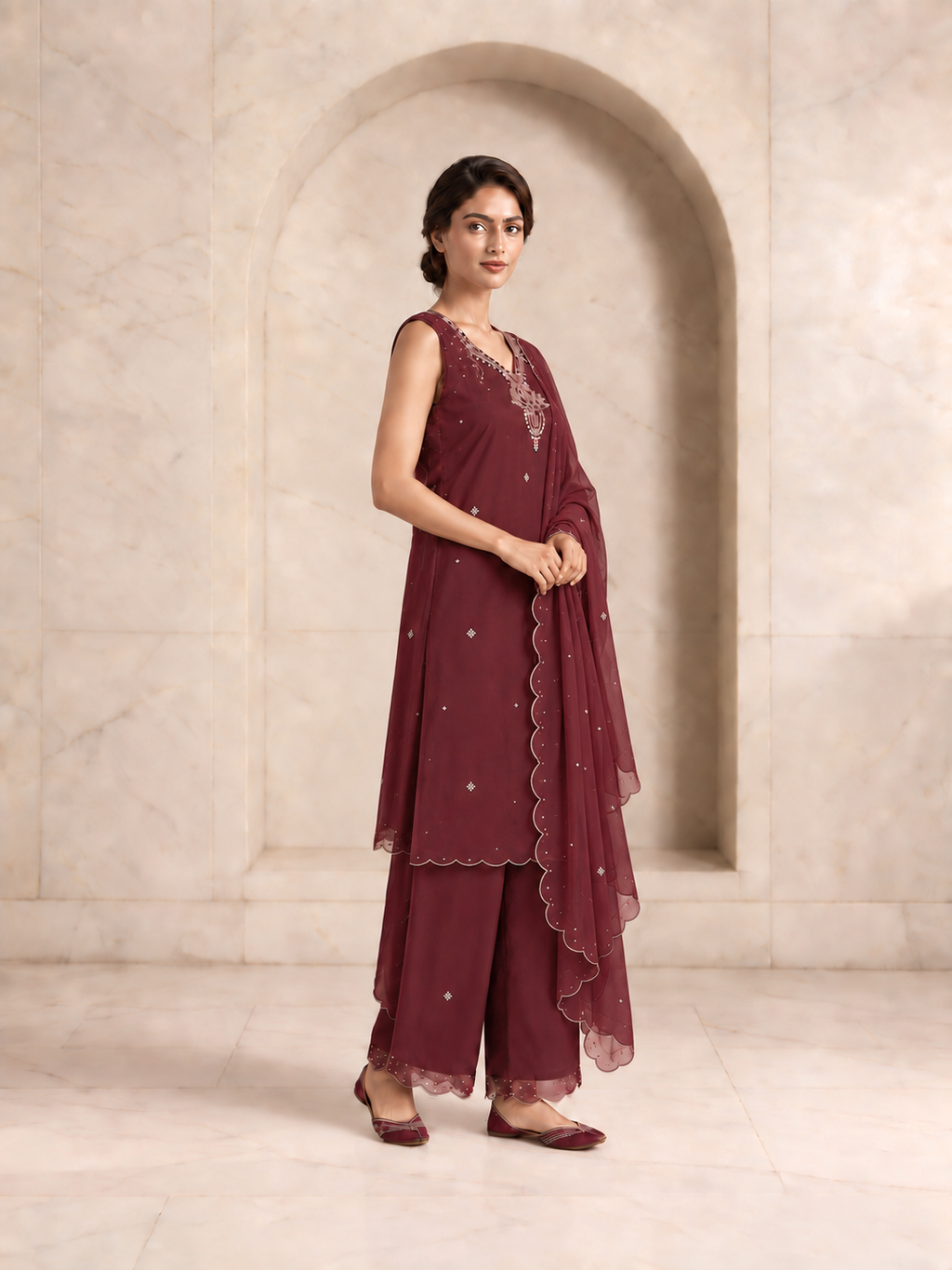 Chic Wine Rangoli Silk Sleeveless Kurta Set with Handwork