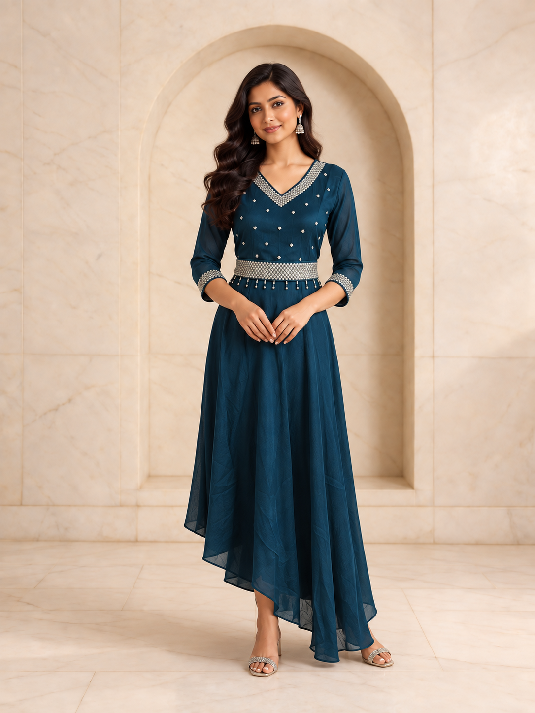 Statement Teal Roman Silk Anarkali Kurta Set with Belt