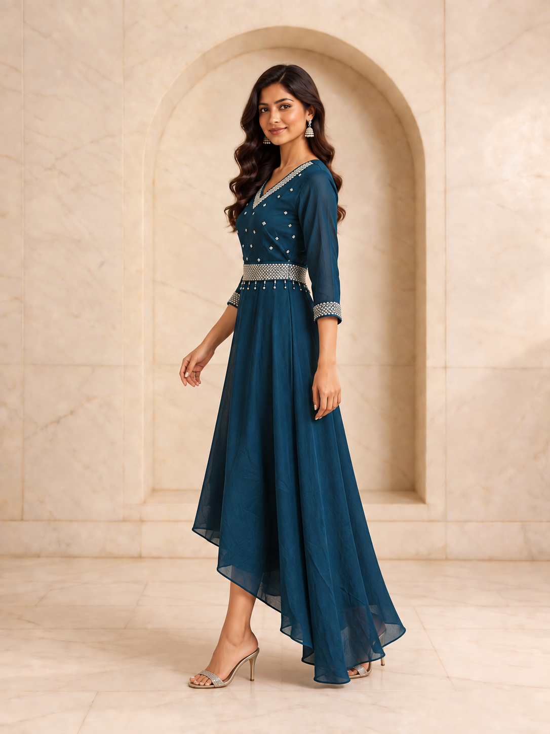 Statement Teal Roman Silk Anarkali Kurta Set with Belt