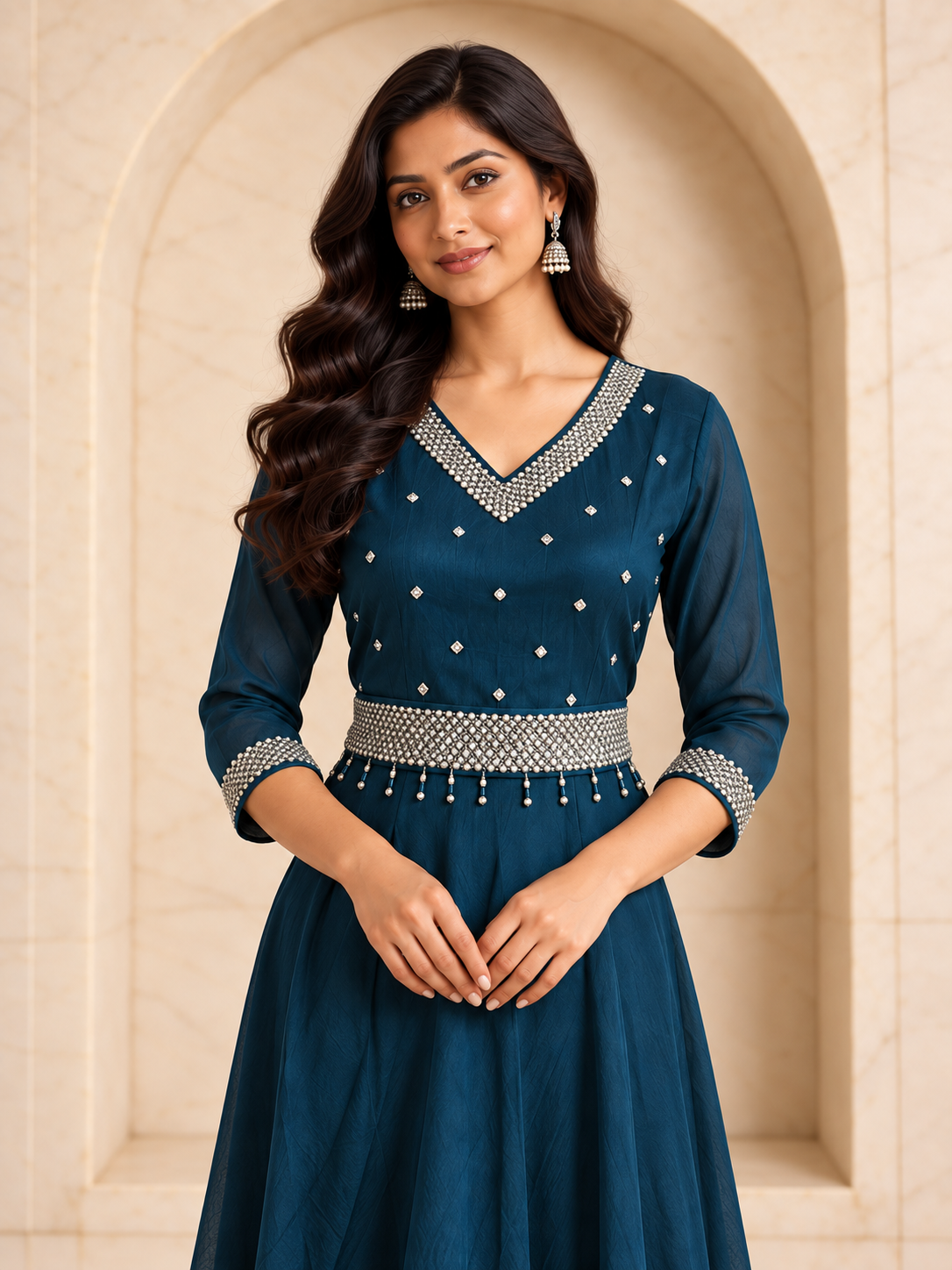 Statement Teal Roman Silk Anarkali Kurta Set with Belt