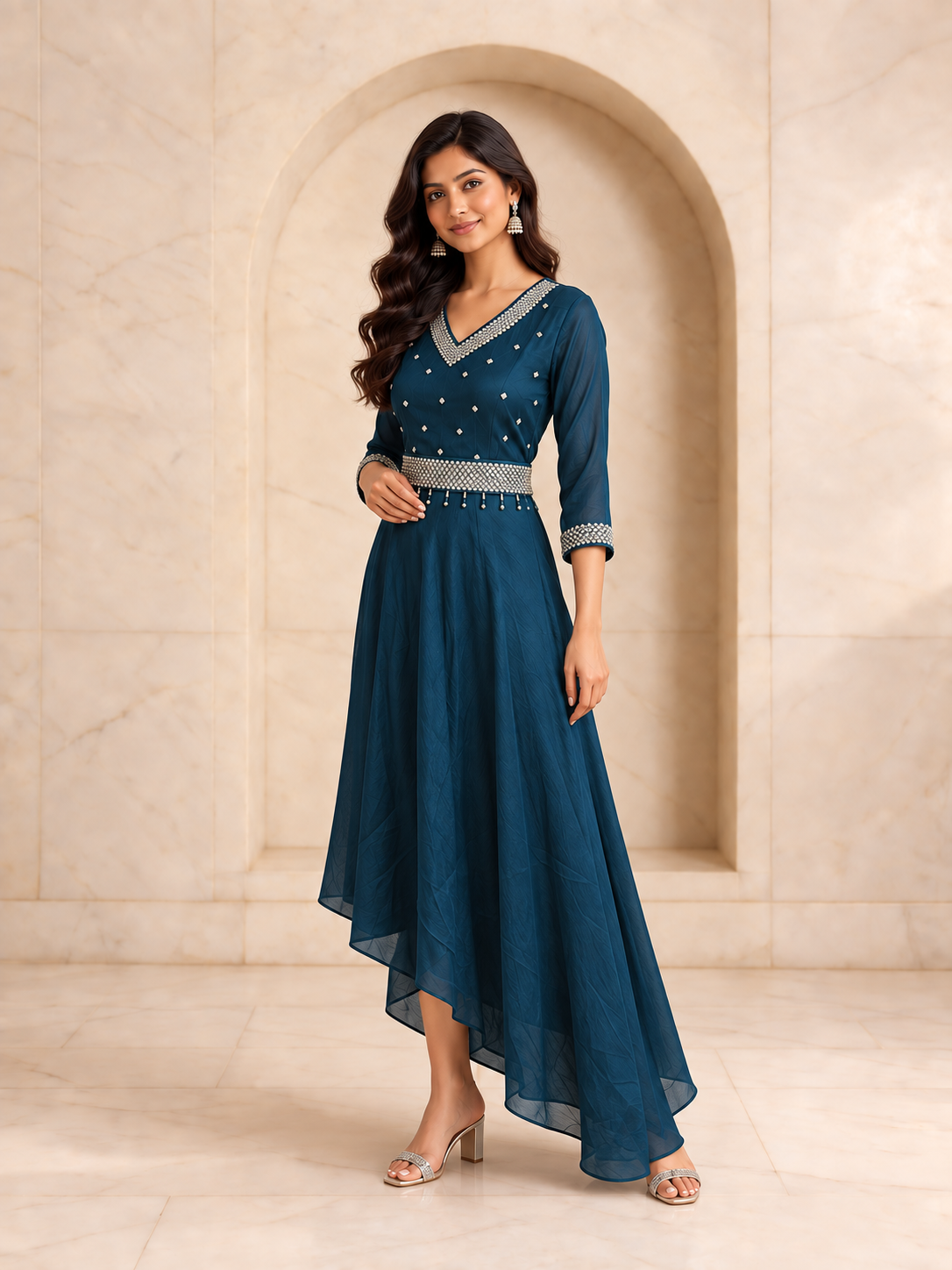 Statement Teal Roman Silk Anarkali Kurta Set with Belt