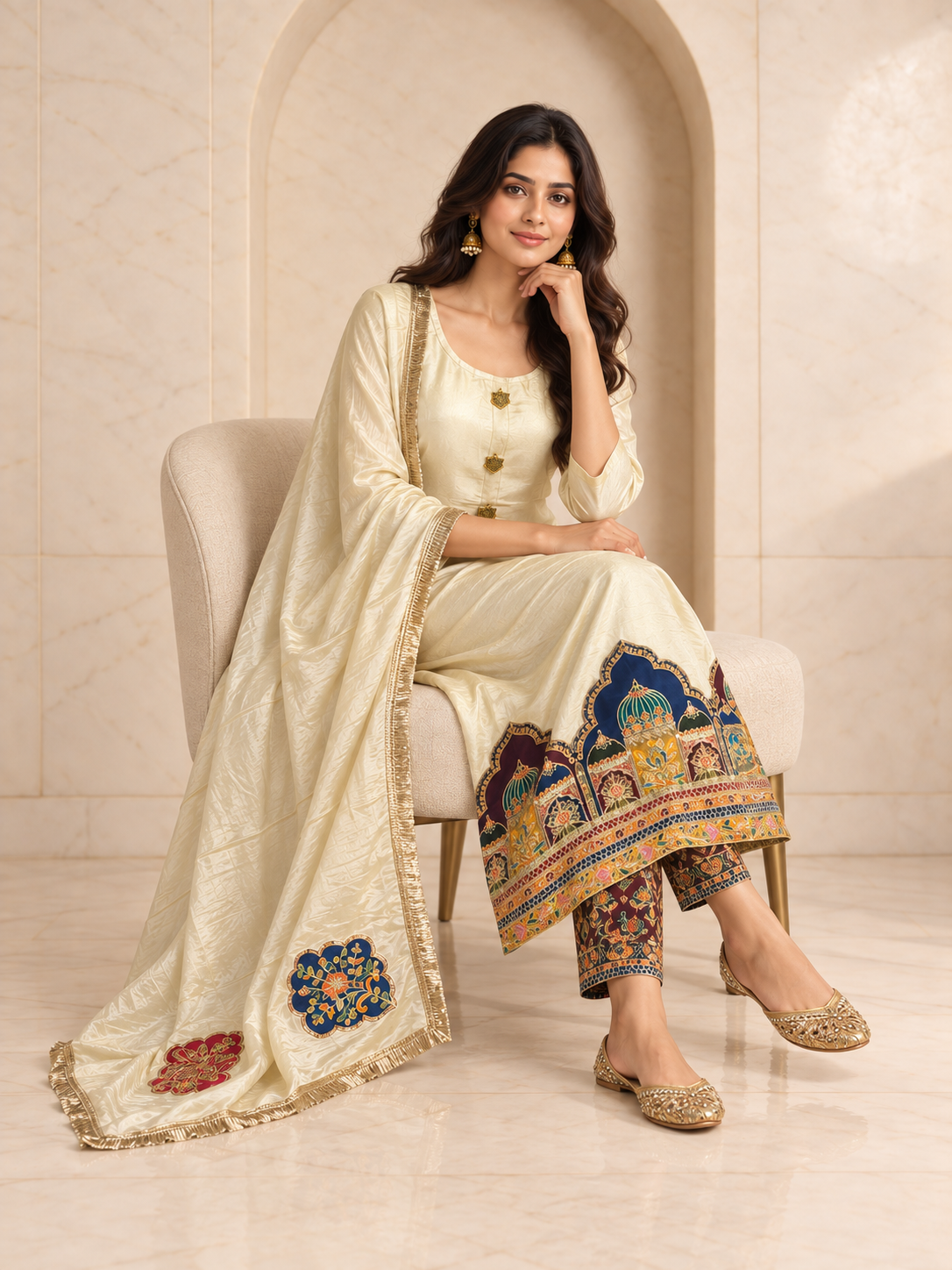 Elegant Ivory Shimmer Kurta Set with Navy and Gold Border