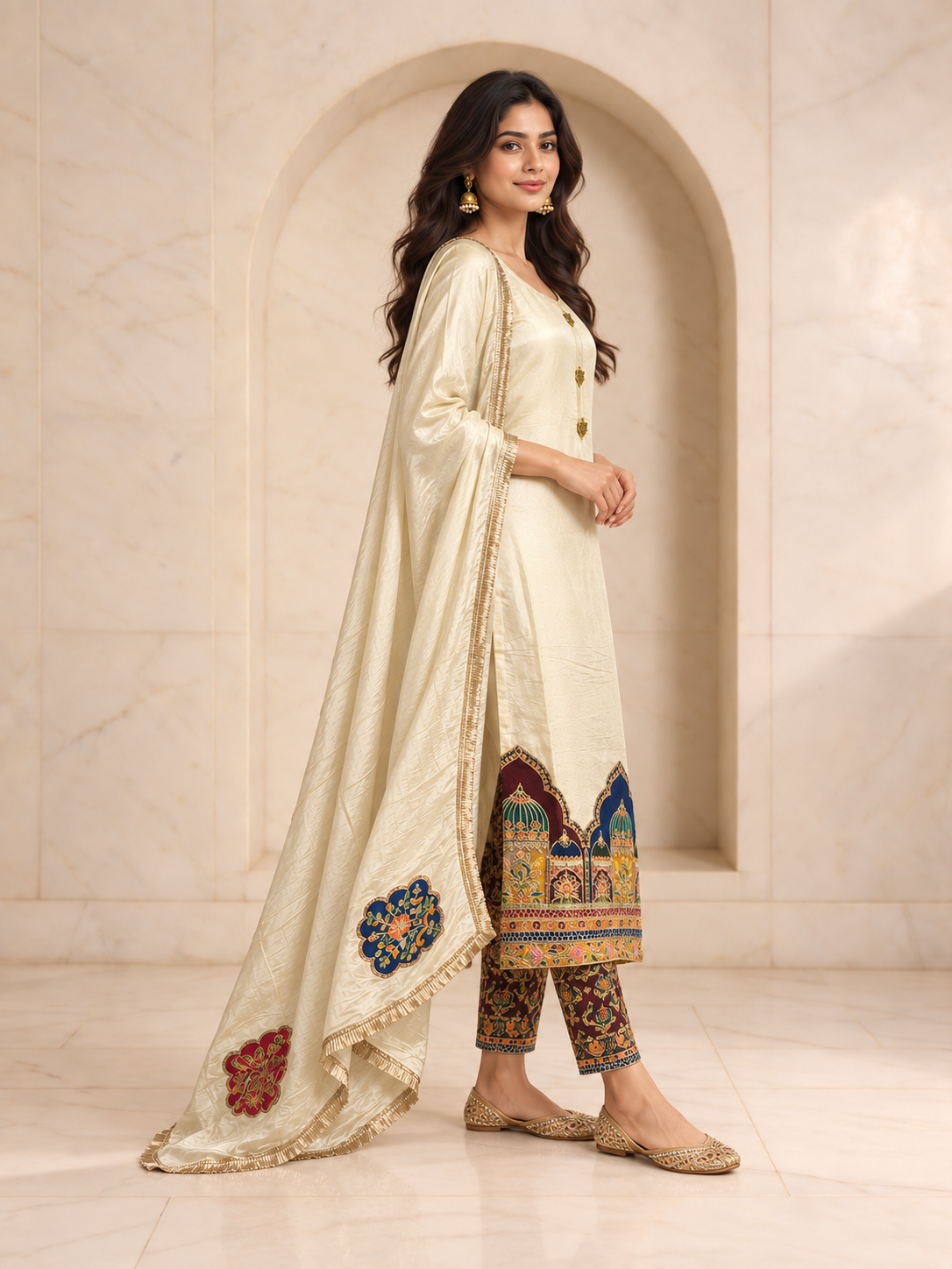 Elegant Ivory Shimmer Kurta Set with Navy and Gold Border
