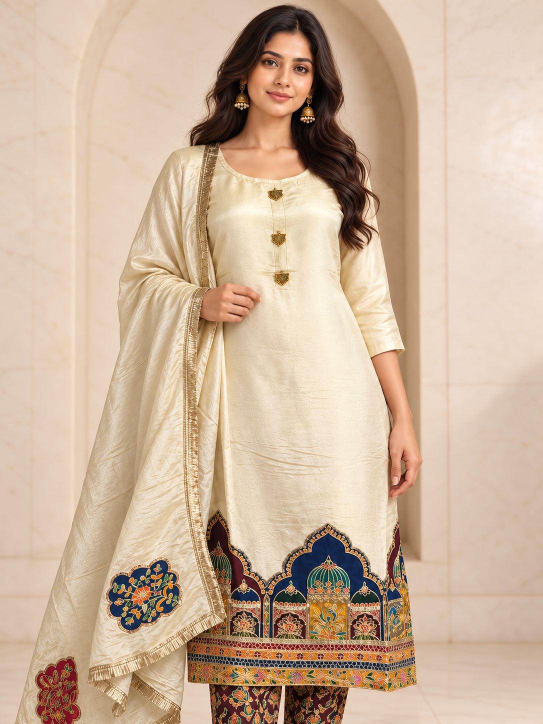 Elegant Ivory Shimmer Kurta Set with Navy and Gold Border