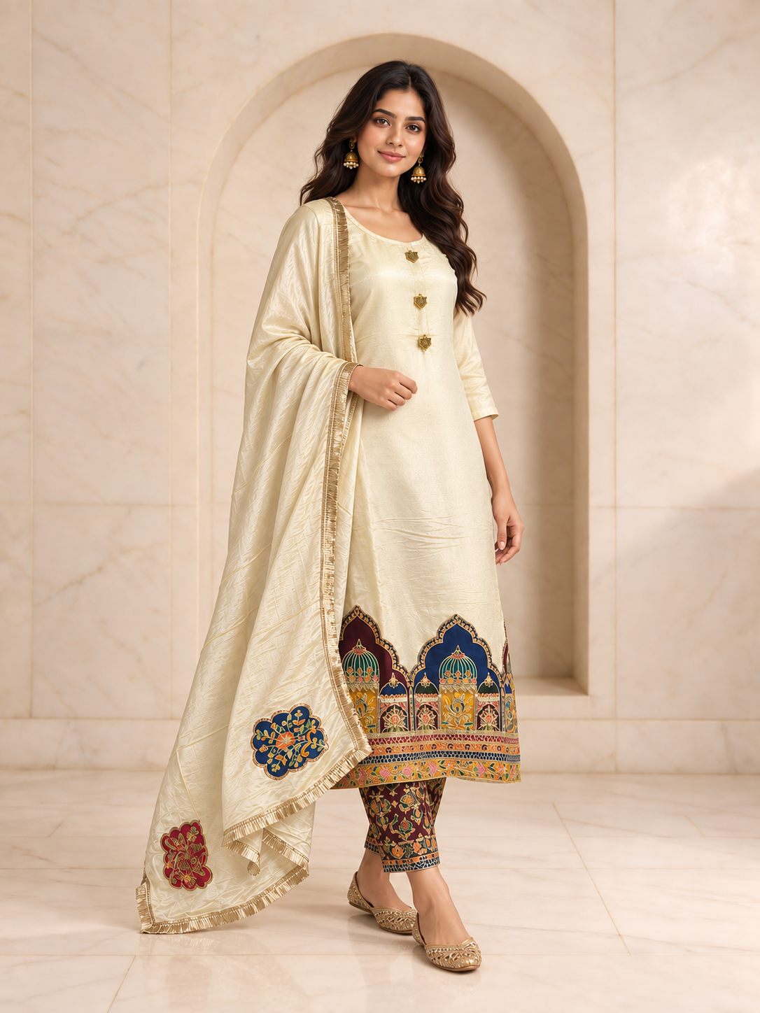 Elegant Ivory Shimmer Kurta Set with Navy and Gold Border