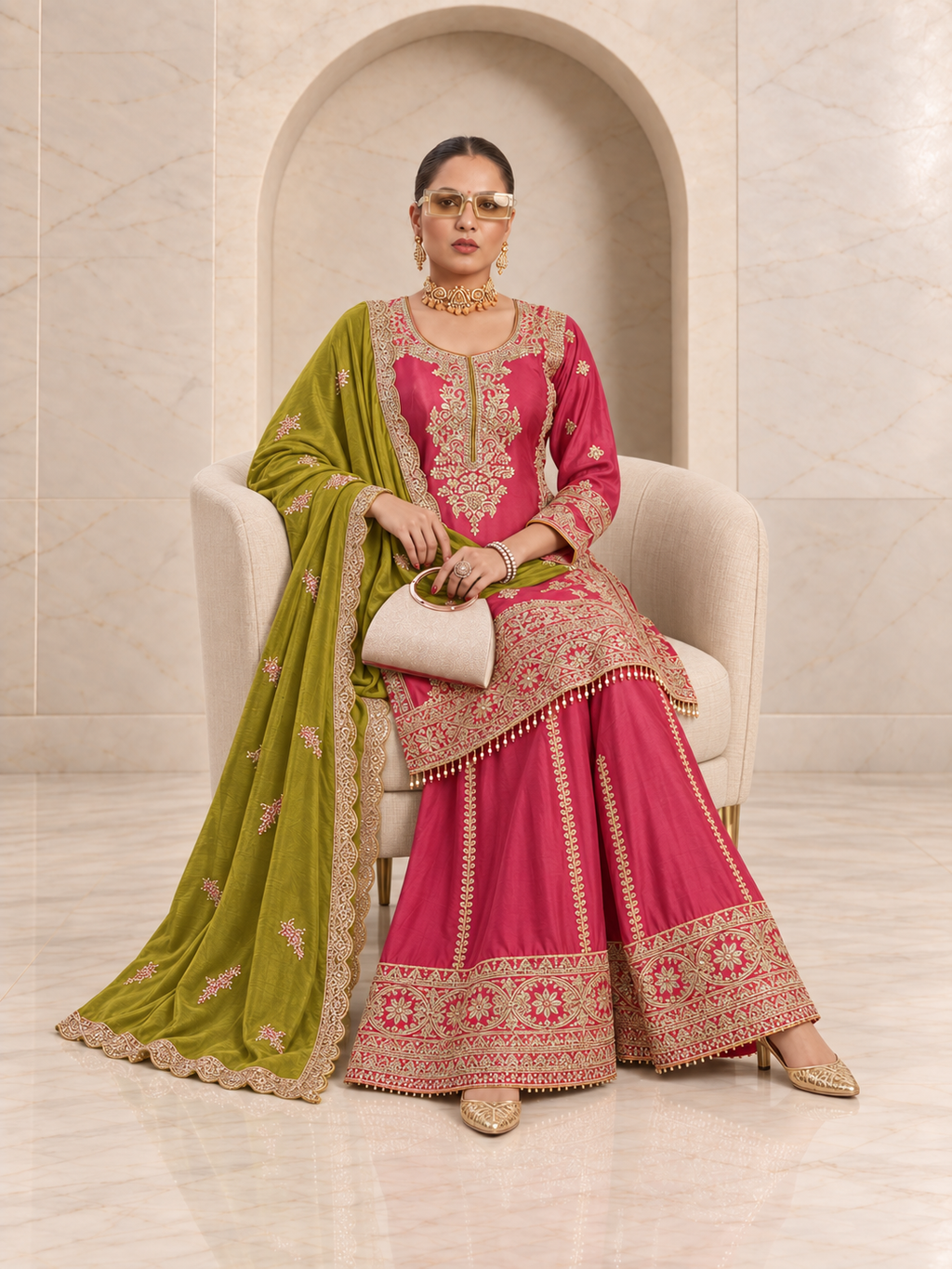 Striking Rani Pink Chiffon Sharara Set with Olive Dupatta