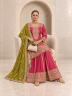 Striking Rani Pink Chiffon Sharara Set with Olive Dupatta