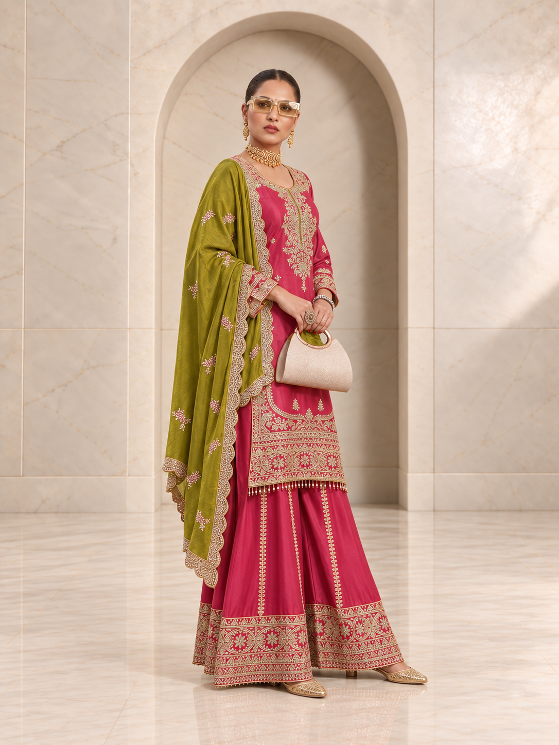 Striking Rani Pink Chiffon Sharara Set with Olive Dupatta