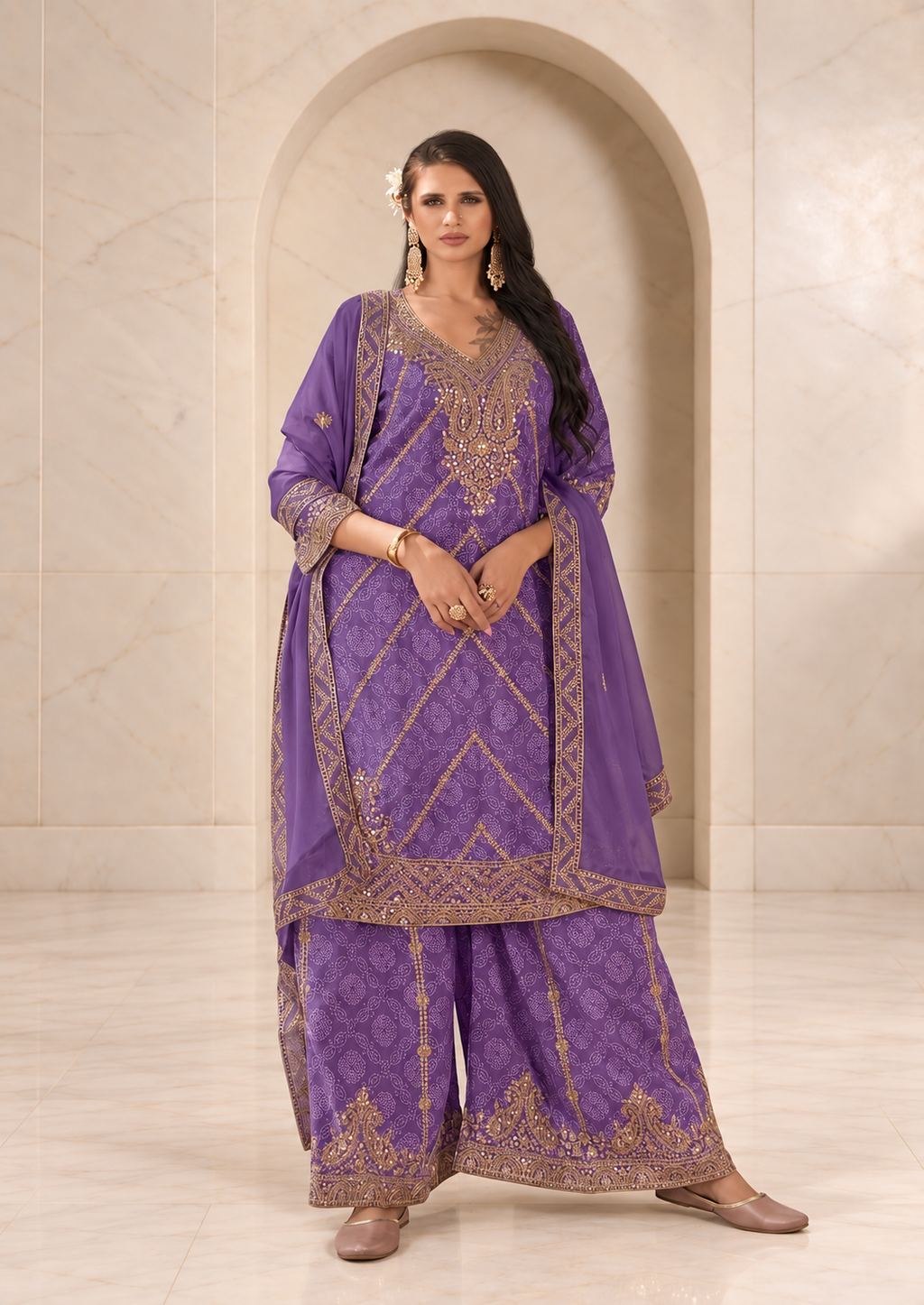 Graceful Lavender Chiffon Sharara Set with Bandhani Print