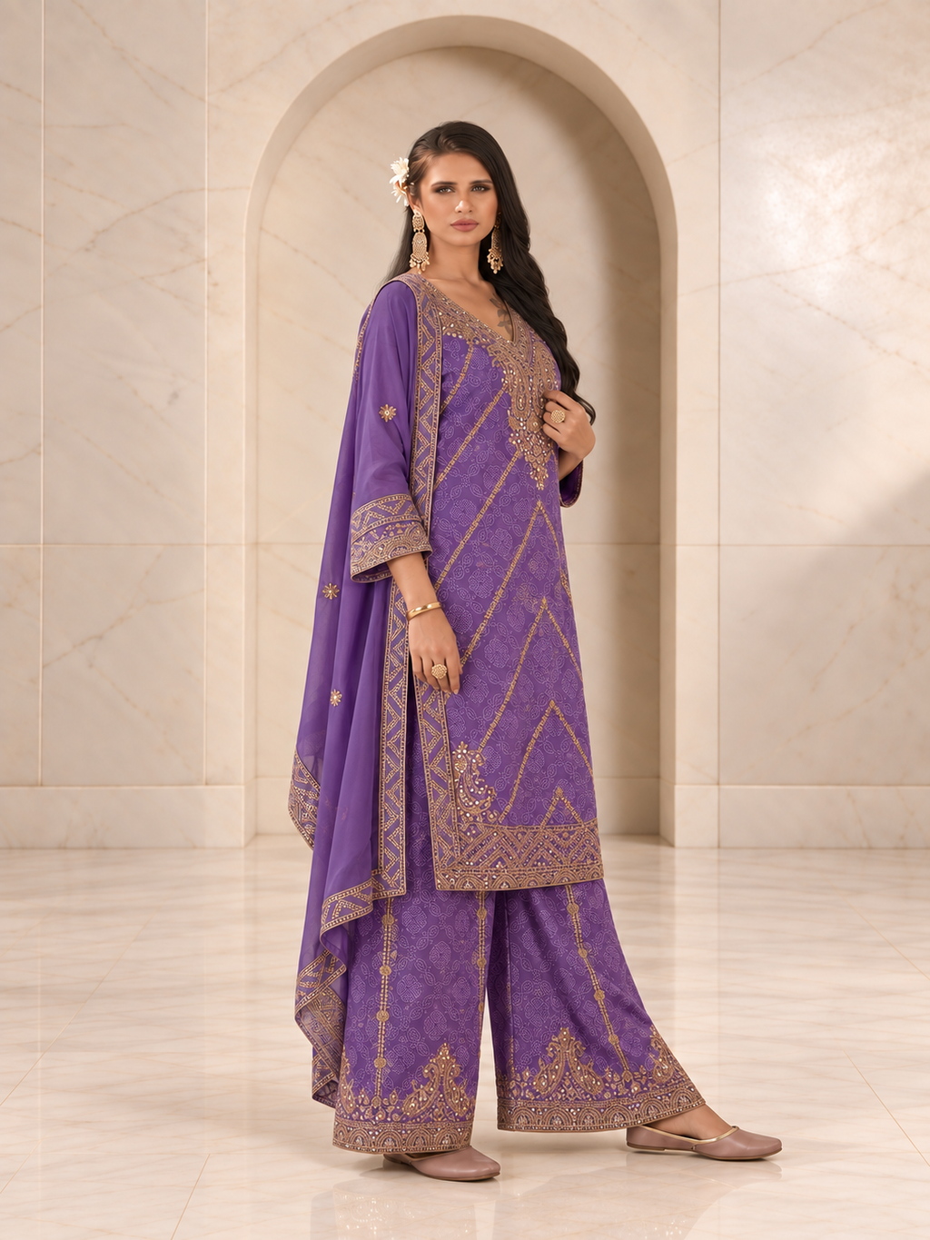 Graceful Lavender Chiffon Sharara Set with Bandhani Print