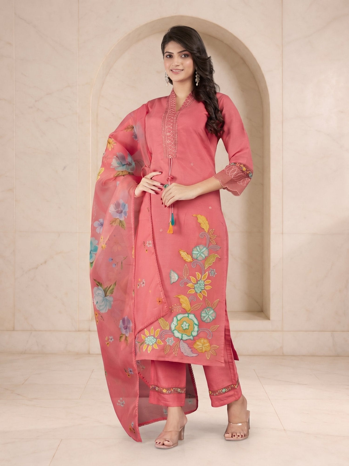 Coral pink Roman silk kurta set with large floral embroidery and printed organza dupatta