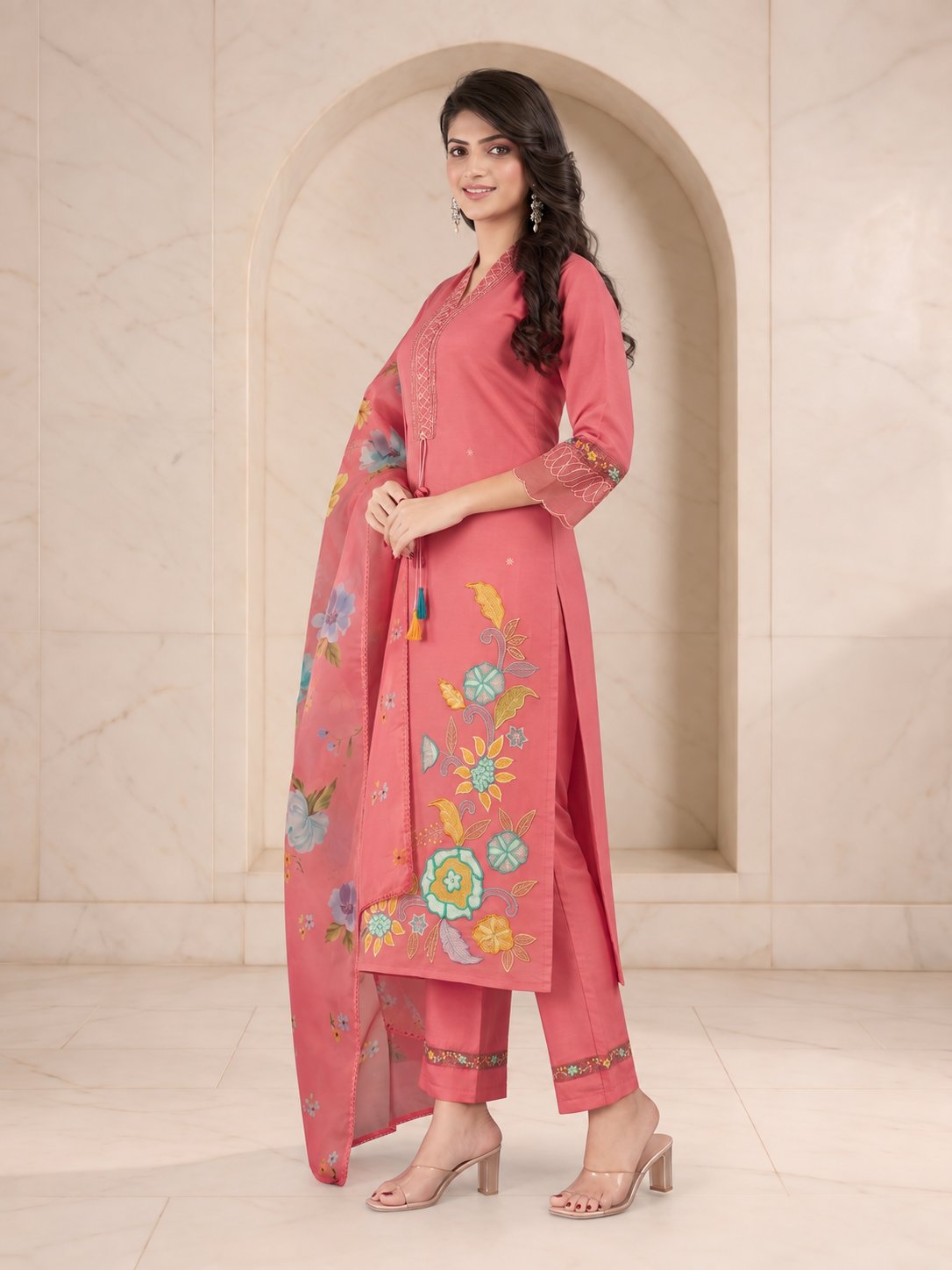 Coral pink Roman silk kurta set embroidery and fabric detail