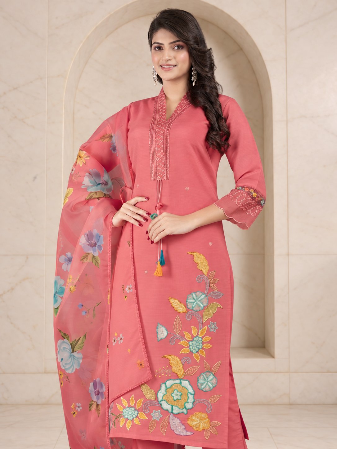 Coral pink Roman silk kurta set with dupatta, full length view