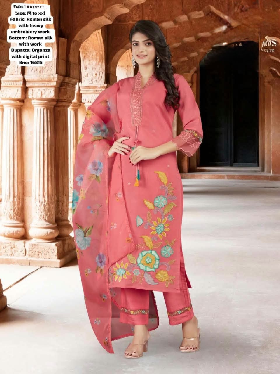 Coral Pink Roman Silk Kurta Set with Floral Embroidery & Digital Print Organza Dupatta – Kavnika Festive Collection