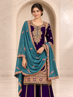 Royal Purple Chiffon Sharara Set with Sky Blue Dupatta
