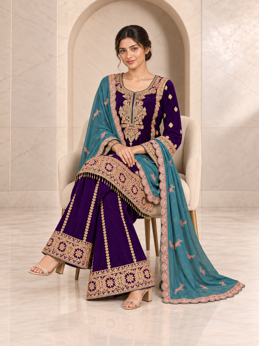 Royal Purple Chiffon Sharara Set with Sky Blue Dupatta