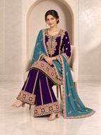 Royal Purple Chiffon Sharara Set with Sky Blue Dupatta