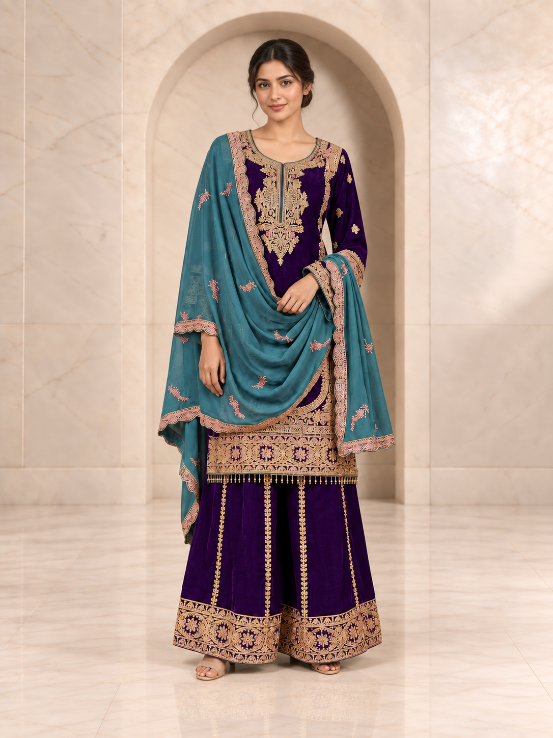 Royal Purple Chiffon Sharara Set with Sky Blue Dupatta