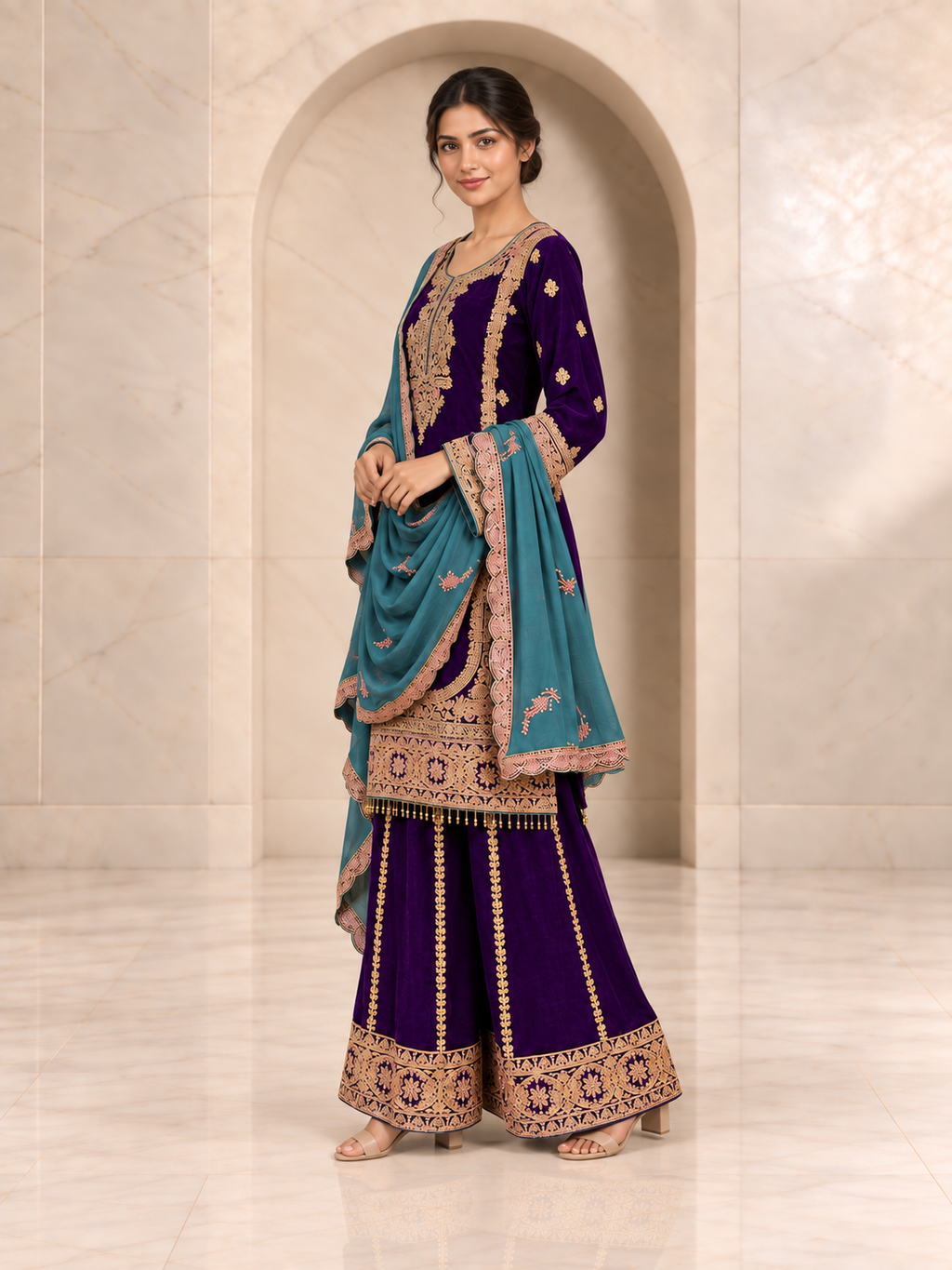 Royal Purple Chiffon Sharara Set with Sky Blue Dupatta