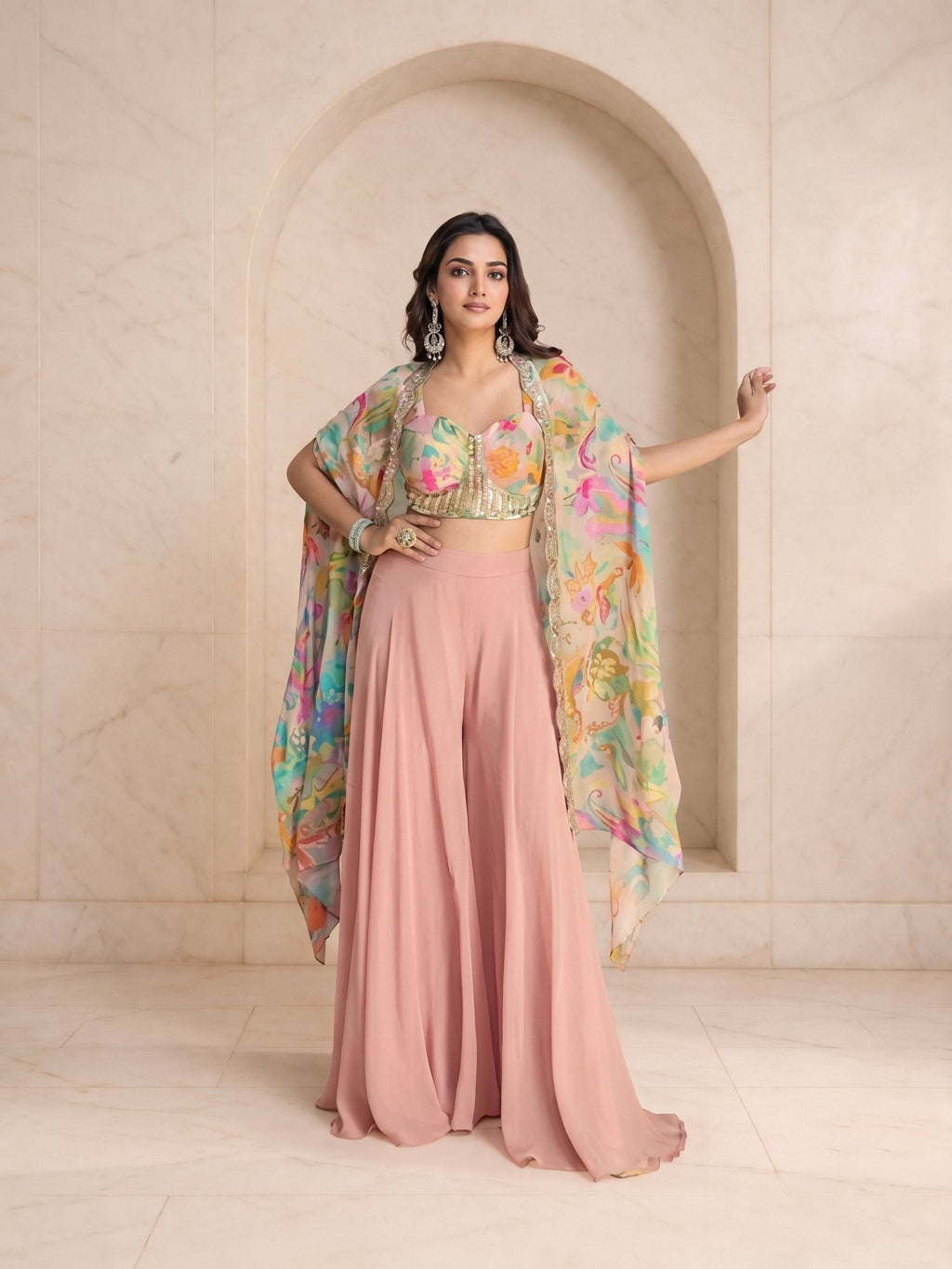 Dusty rose flared palazzo with sequin blouse and printed organza cape