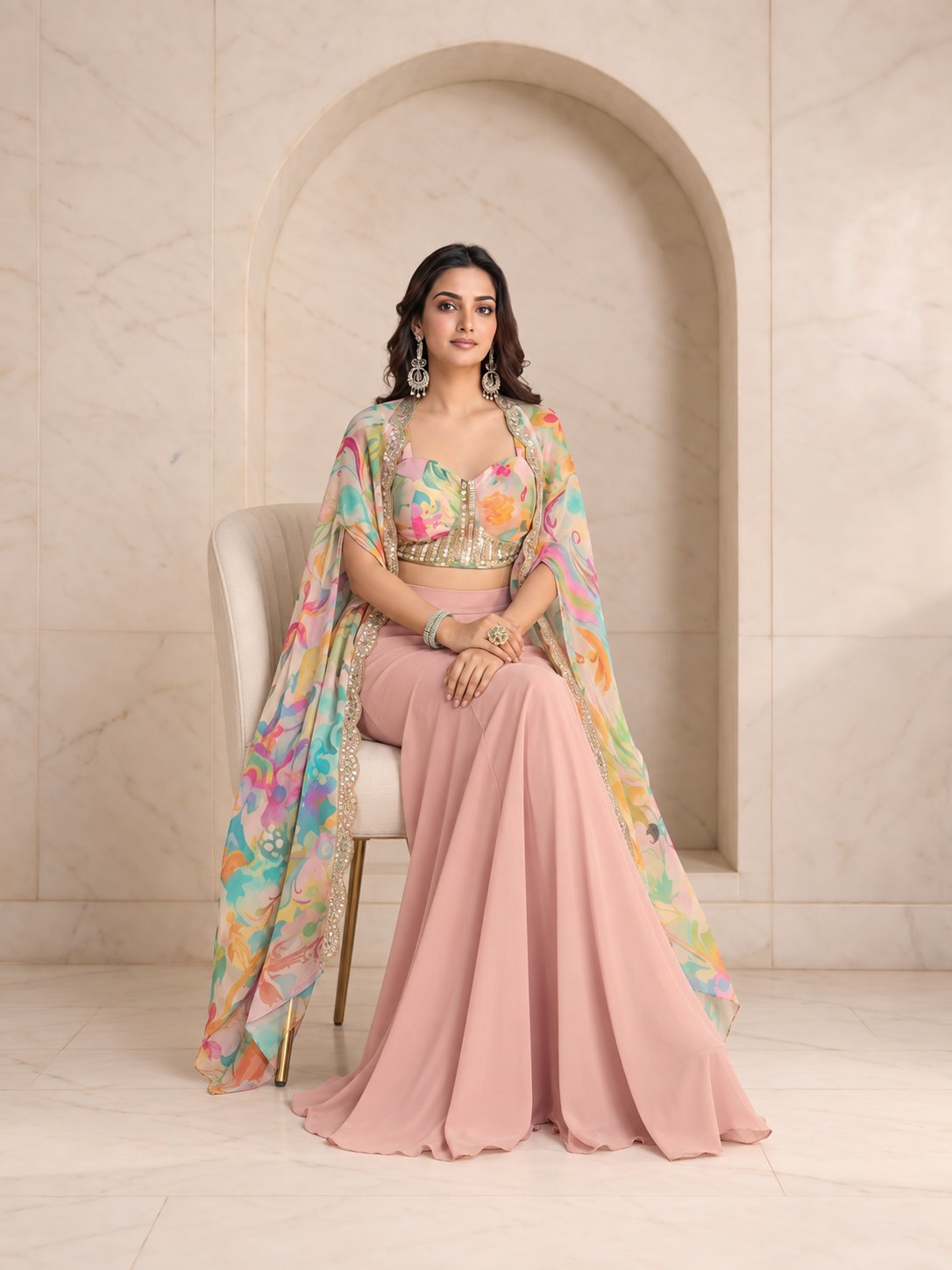 Dusty rose printed cape and palazzo set, alternate view