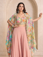 Dusty rose printed cape and palazzo set, full length view