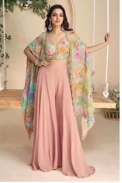 Dusty Rose Palazzo Set with Multicolour Printed Cape & Embroidered Blouse – Kavnika Festive Collection