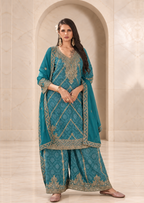 Statement Teal Blue Chiffon Sharara Set with Bandhani Print