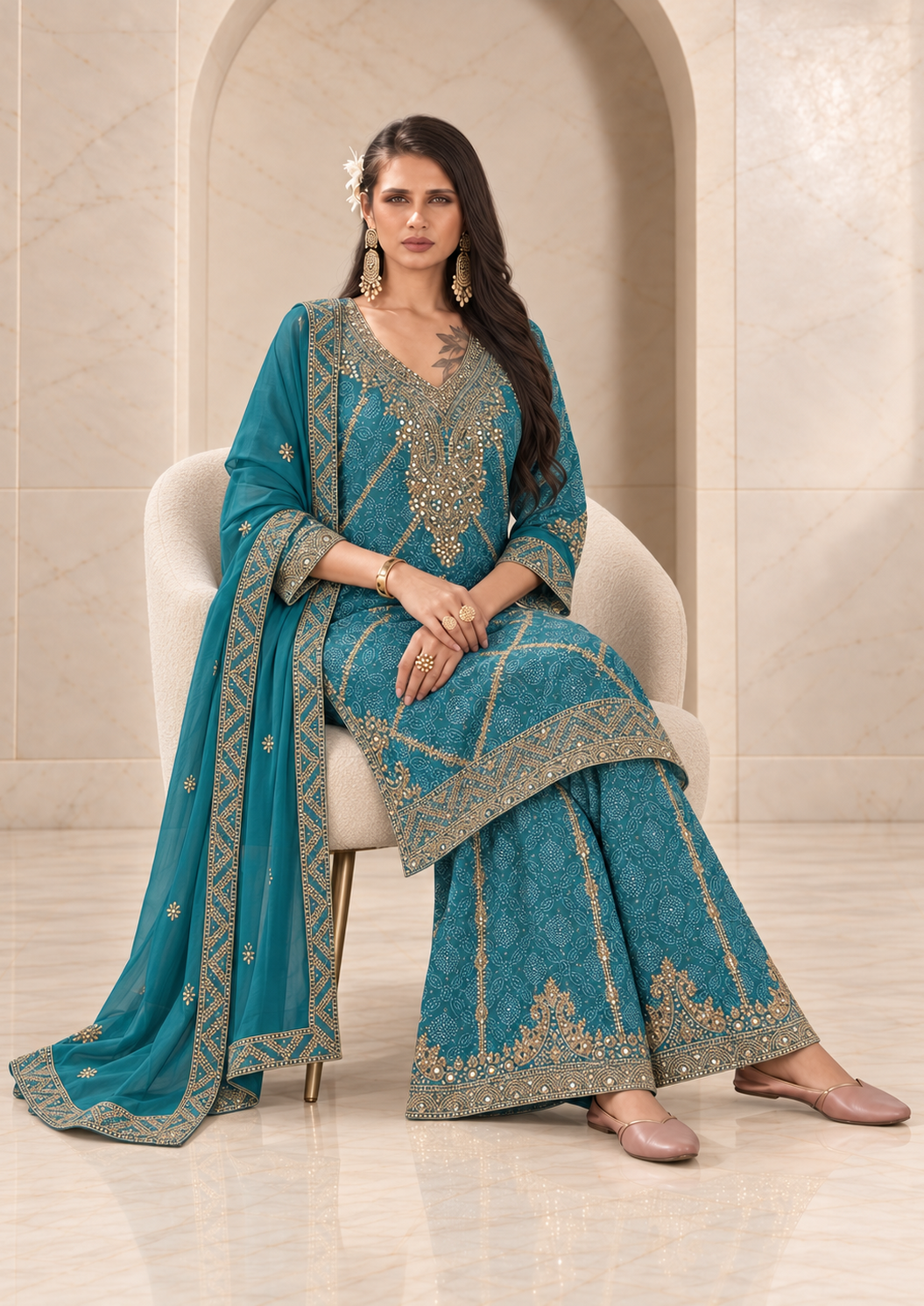 Statement Teal Blue Chiffon Sharara Set with Bandhani Print