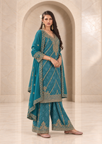 Statement Teal Blue Chiffon Sharara Set with Bandhani Print