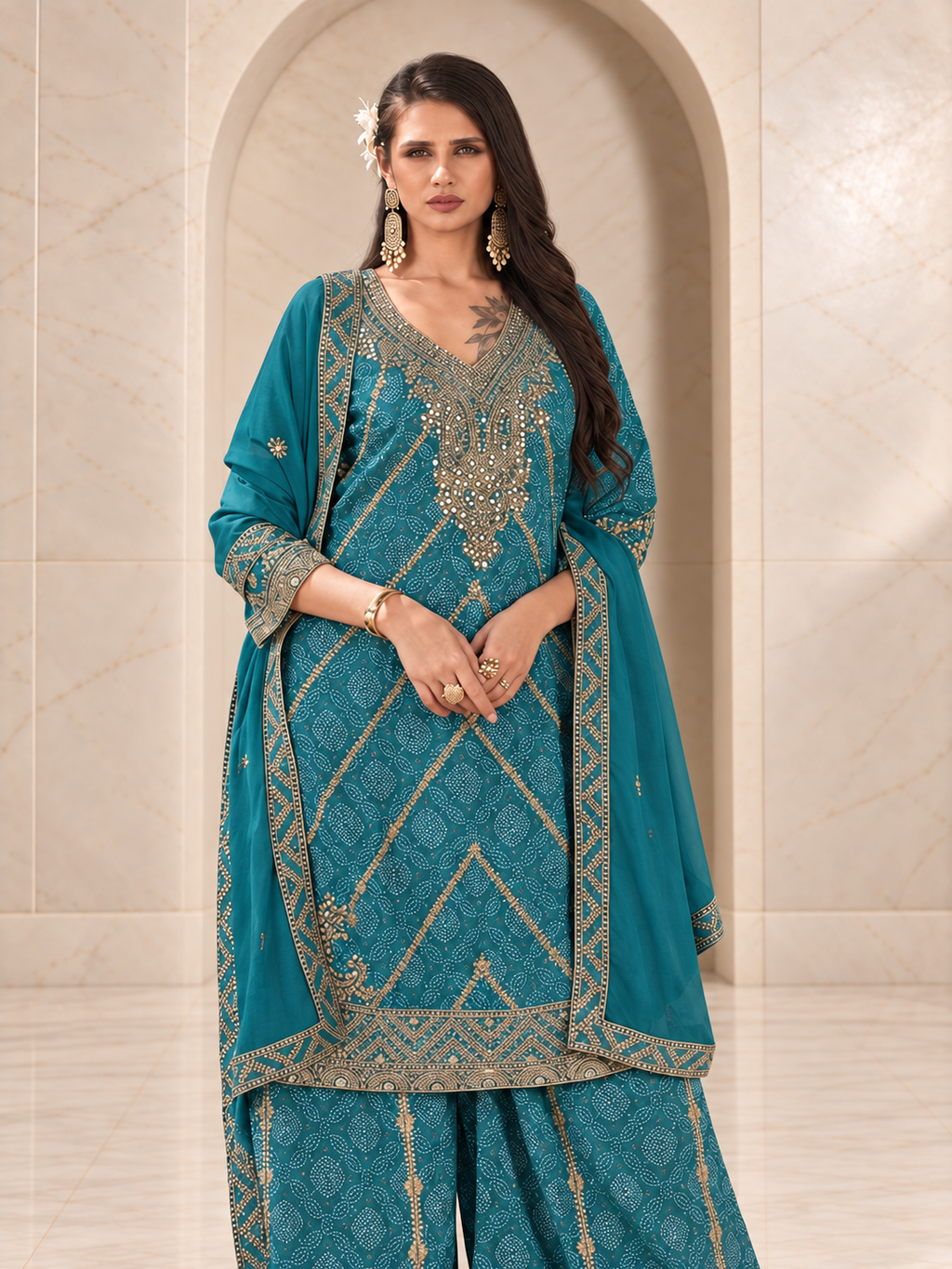 Statement Teal Blue Chiffon Sharara Set with Bandhani Print