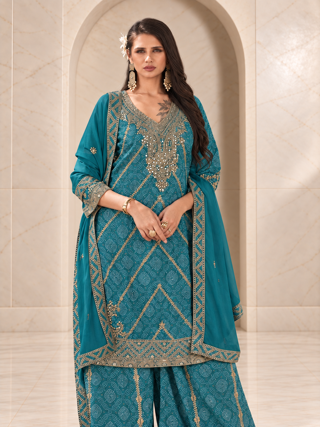 Statement Teal Blue Chiffon Sharara Set with Bandhani Print