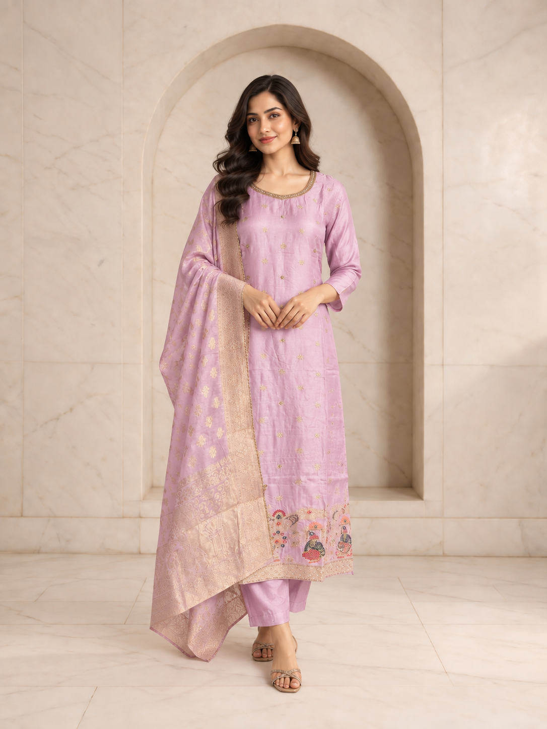 Luxe Lilac Pure Dola Silk Kurta Set with Woven Zari Dupatta, view 1