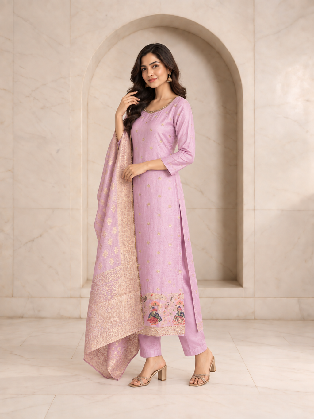Luxe Lilac Pure Dola Silk Kurta Set with Woven Zari Dupatta, view 3