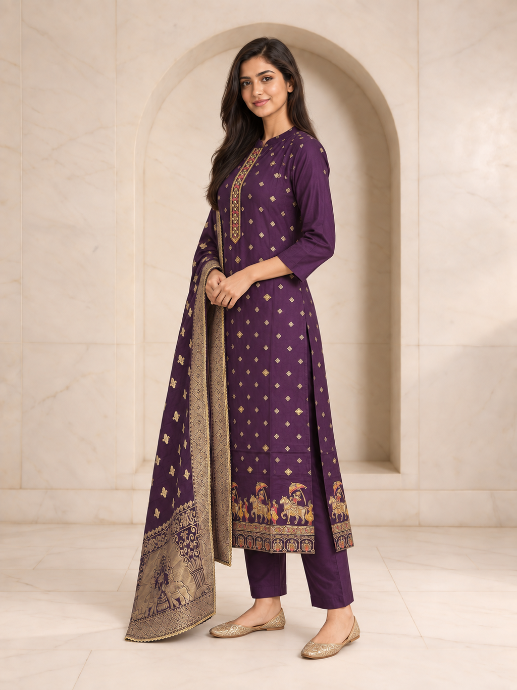 Luxe Purple Dola Silk Kurta Set with Banarasi Dupatta, view 3