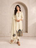 Elegant Ivory Shimmer Kurta Set with Navy and Gold Border, view 1