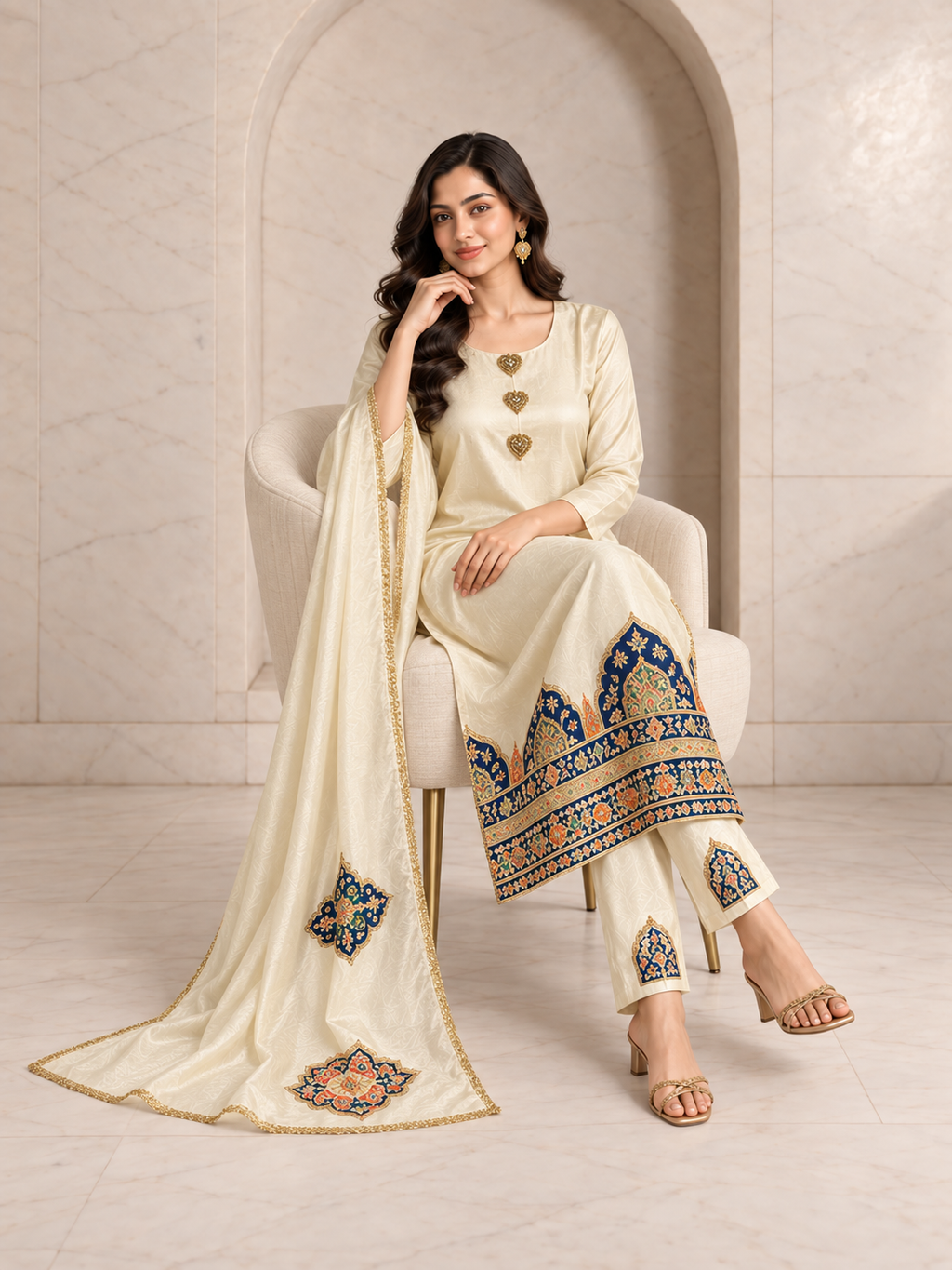 Elegant Ivory Shimmer Kurta Set with Navy and Gold Border, view 2