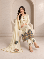 Elegant Ivory Shimmer Kurta Set with Navy and Gold Border, view 2