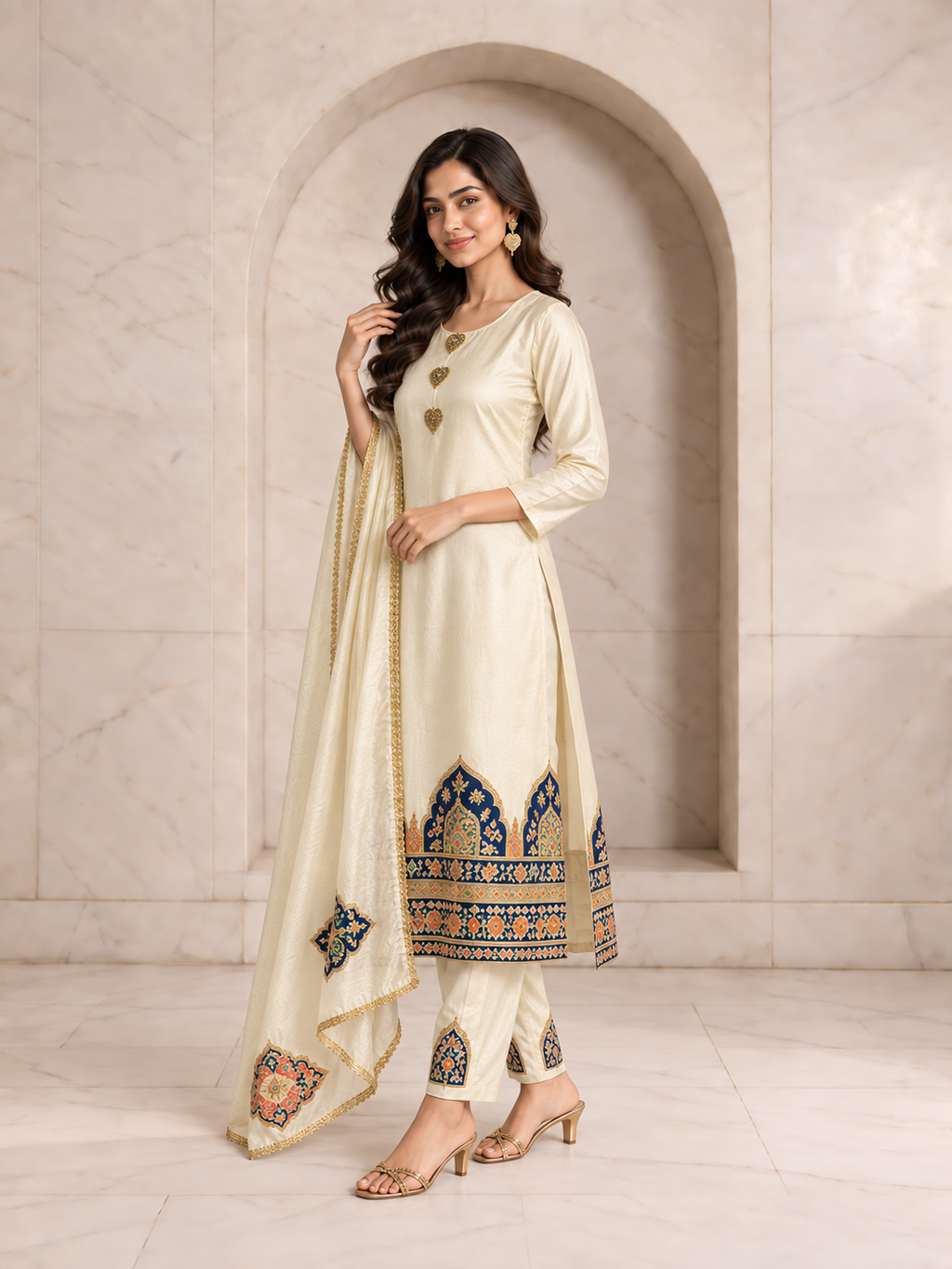 Elegant Ivory Shimmer Kurta Set with Navy and Gold Border, view 3