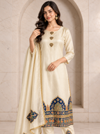 Elegant Ivory Shimmer Kurta Set with Navy and Gold Border, view 4