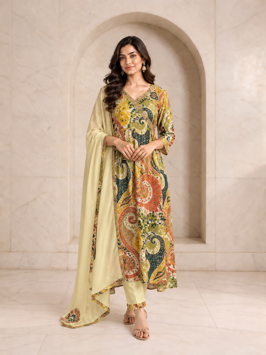 Sunny Mustard Rayon Kurta Set with Paisley Digital Print, view 1