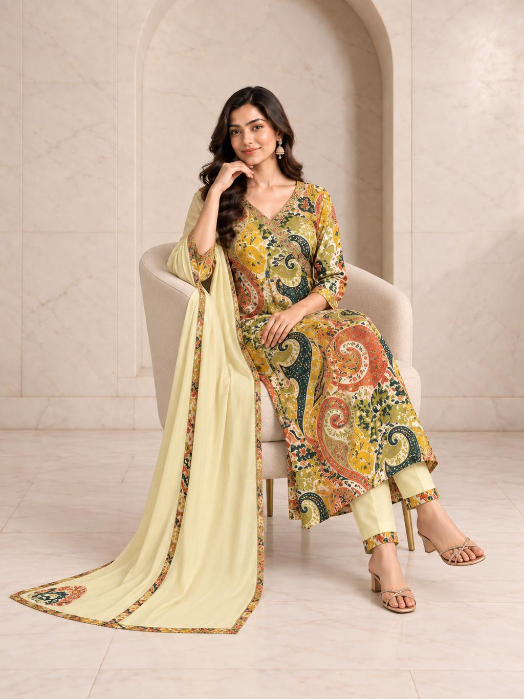 Sunny Mustard Rayon Kurta Set with Paisley Digital Print, view 2