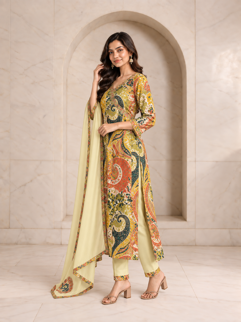 Sunny Mustard Rayon Kurta Set with Paisley Digital Print, view 3