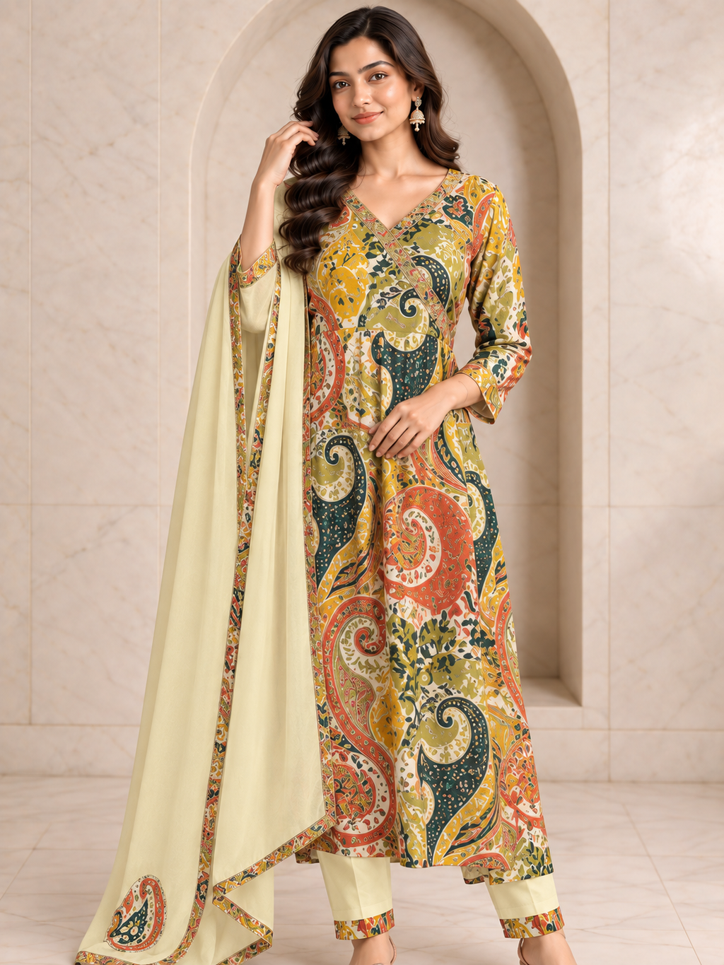 Sunny Mustard Rayon Kurta Set with Paisley Digital Print, view 4