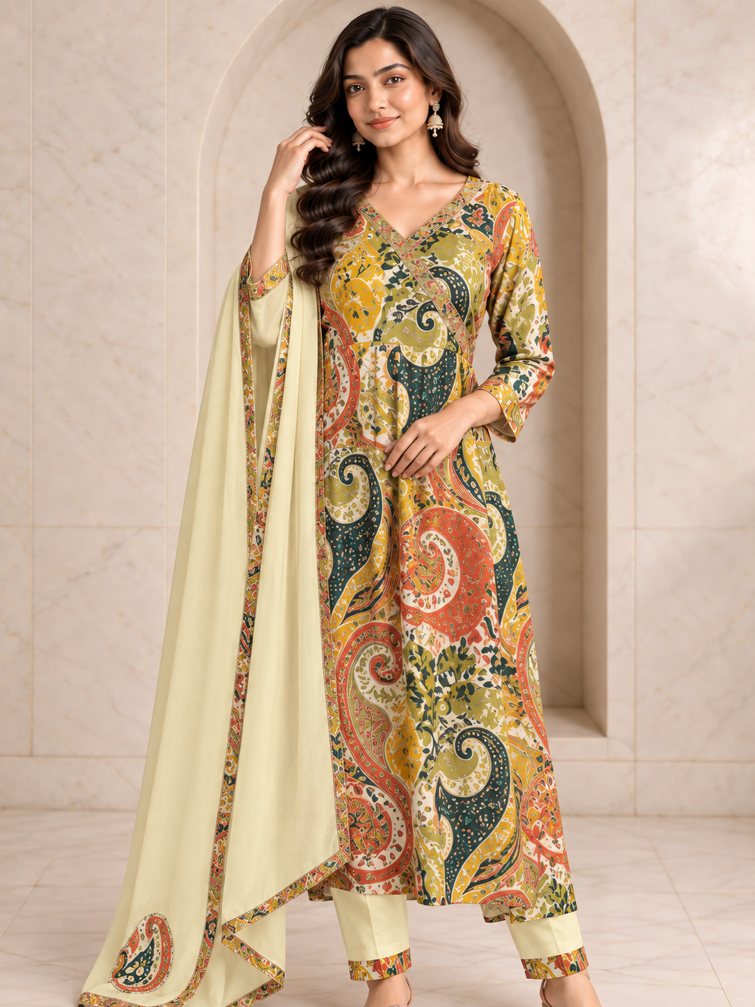 Sunny Mustard Rayon Kurta Set with Paisley Digital Print, view 4