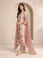 Dreamy Blush Pink Roman Silk Kurta Set with Floral Print, view 3