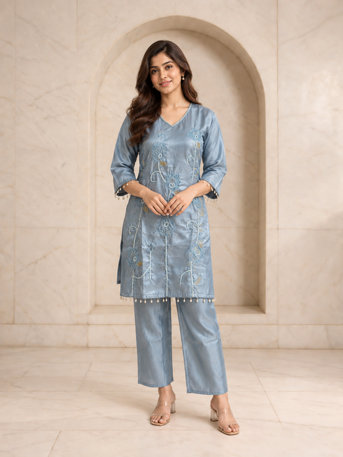 Chic Steel Blue Dola Silk Co-ord Set with Heavy Handwork, view 1