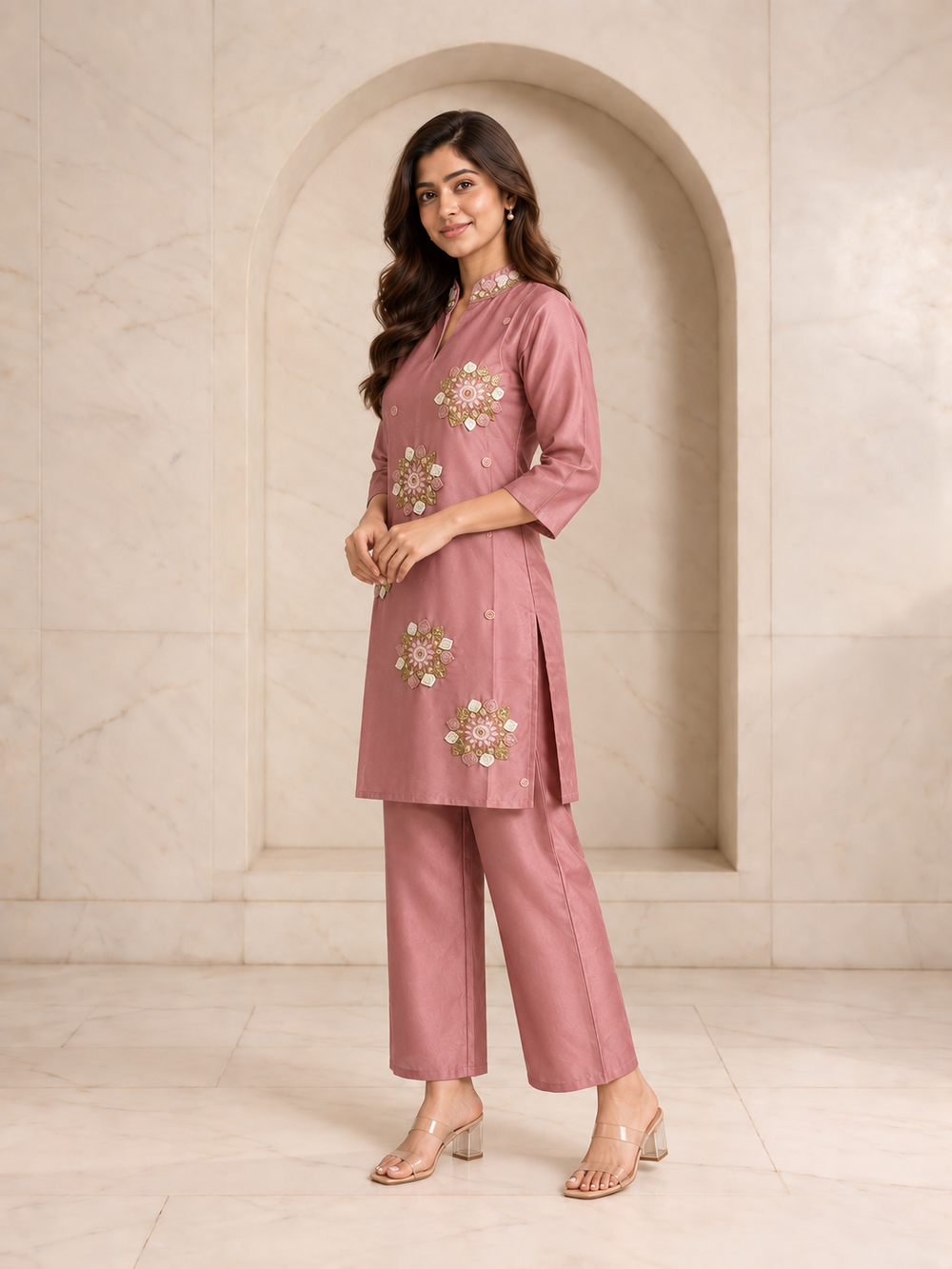 Elegant Dusty Rose Dola Silk Co-ord Set with Pearl Handwork, view 3