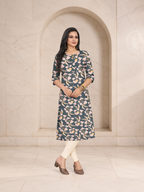 Easy Teal Grey Rayon Long Kurti with Floral Print and Pockets, view 1